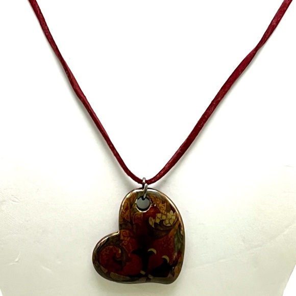 Jewelry - Red and Brown Paisley Heart Pendant Necklace